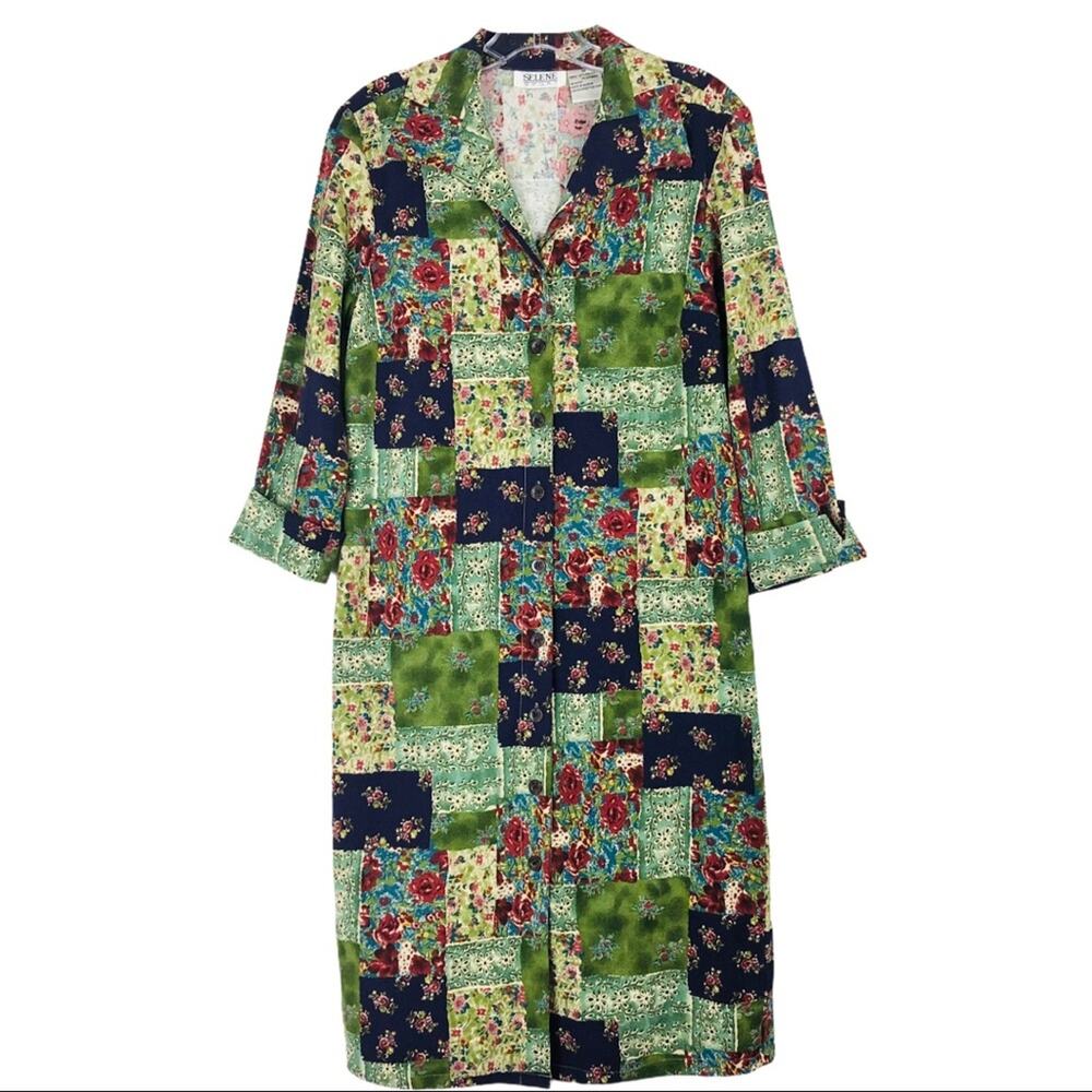 Vintage Selene green pink cottagecore floral patchwork button midi dress medium